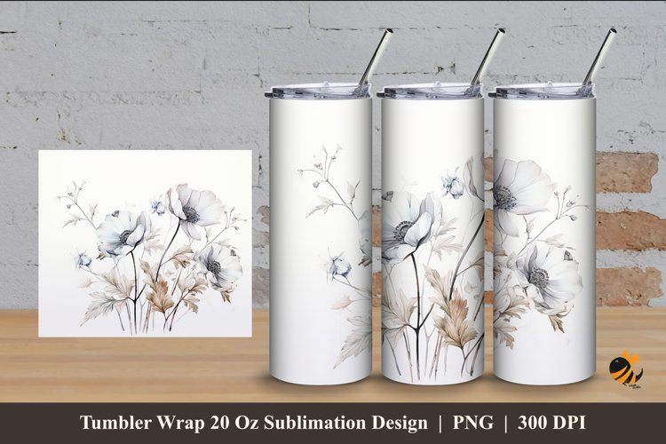 White Flower Tumbler Wrap Sublimation Design 4 example image 1