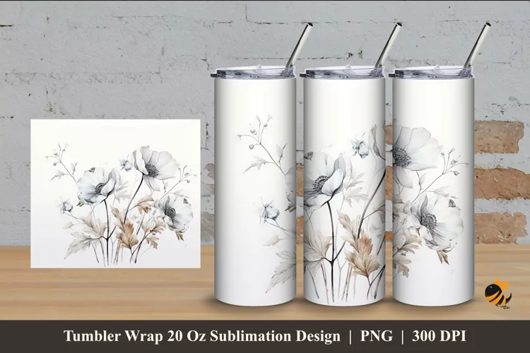 White Flower Tumbler Wrap Sublimation Design 4