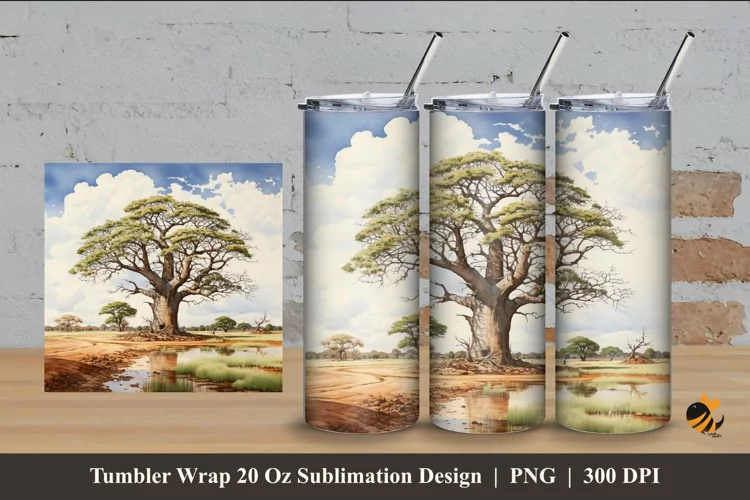 Watercolor Tree Tumbler Wrap Sublimation Design 4