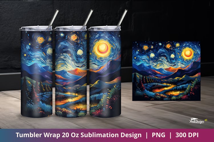 Starry Night Landscape Tumbler Wrap Sublimation Design 4