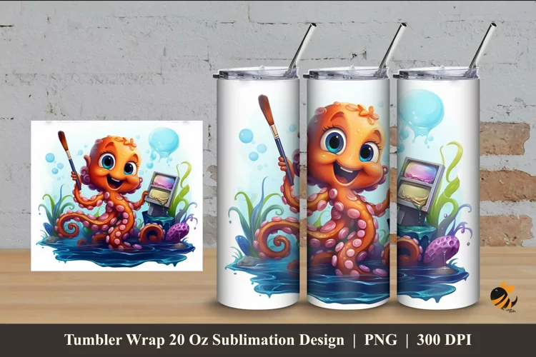 Octopus Watercolor Tumbler Wrap Sublimation Design 4
