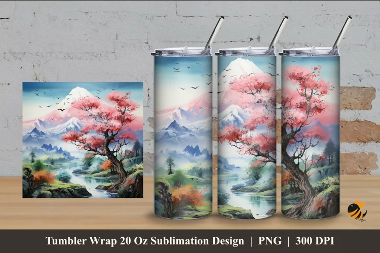 Sakura And Panoramic Tumbler Wrap Sublimation Design 4