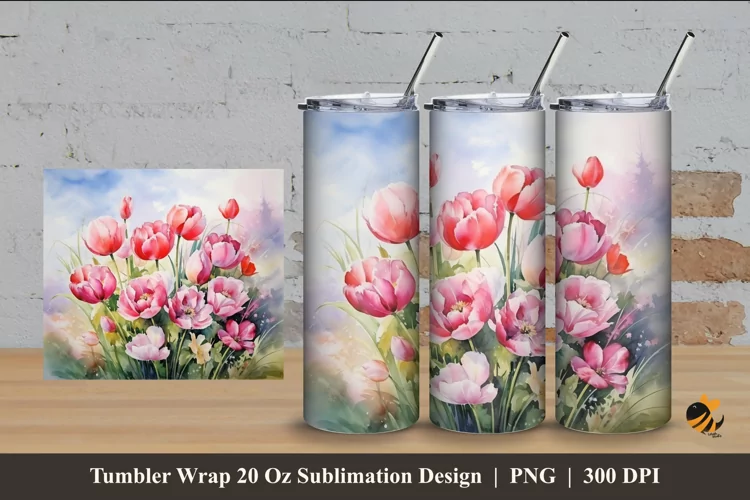Watercolor Tulip Tumbler Wrap Sublimation Design 4