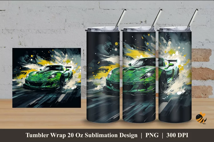 Green Car Tumbler Wrap Sublimation Design 4