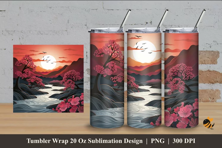3d Sunset River Tumbler Wrap Sublimation Design 4