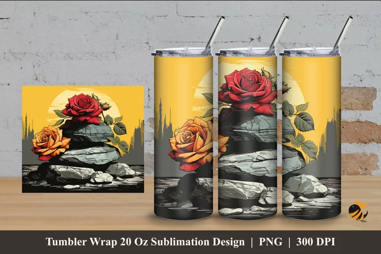 Sketch Rock And Rose Tumbler Wrap Sublimation Design 4