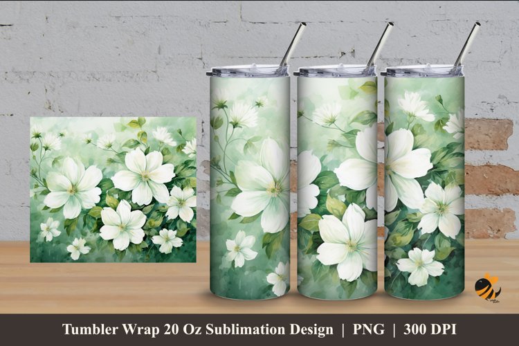 White Flower Tumbler Wrap Sublimation Design 4