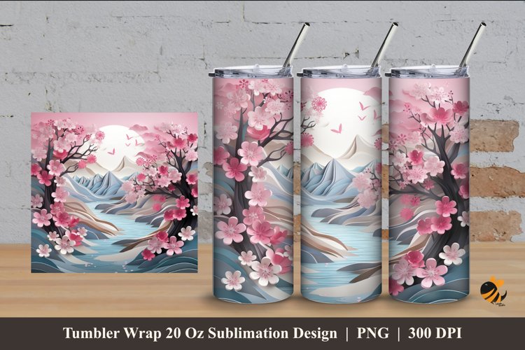Nature River With Sakura Tumbler Wrap Sublimation Design 4 example image 1