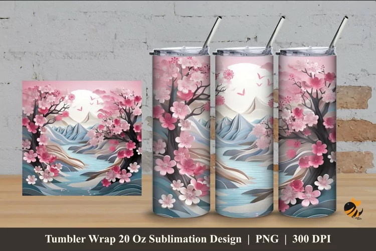 Nature River With Sakura Tumbler Wrap Sublimation Design 4