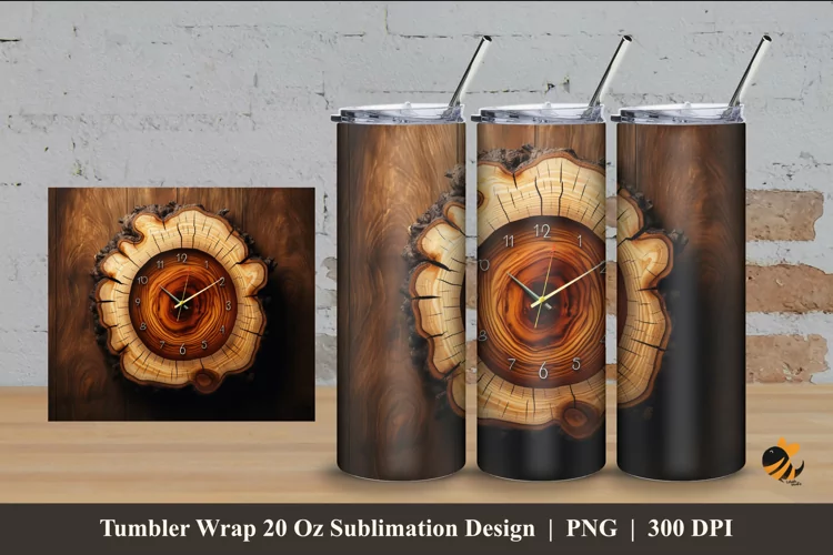 Wooden Clock Tumbler Wrap Sublimation Design 4
