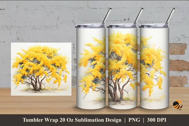 Majestic Yellow Tree Tumbler Wrap Sublimation Design 4