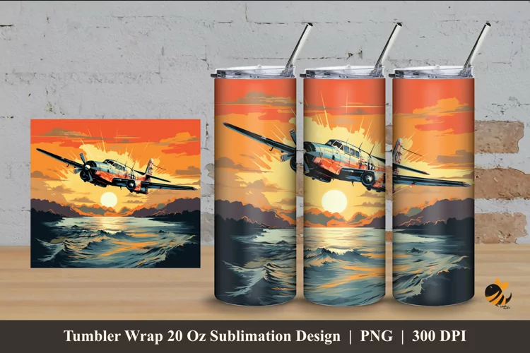 Retro Plane Tumbler Wrap Sublimation Design 4
