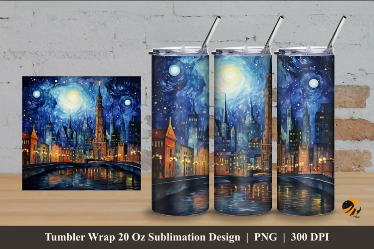 Starry Night At City Tumbler Wrap Sublimation Design 4