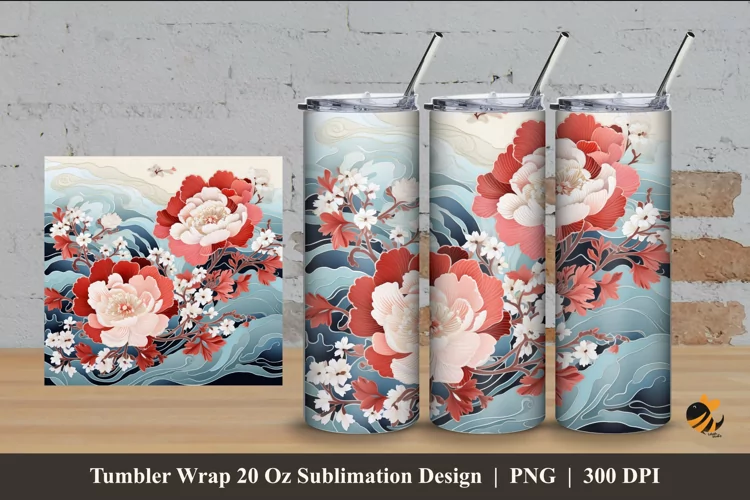 Flower And Wave Tumbler Wrap Sublimation Design 4