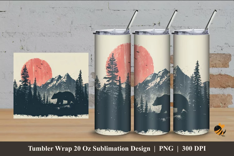 Bear In The Forest Tumbler Wrap Sublimation Design 4