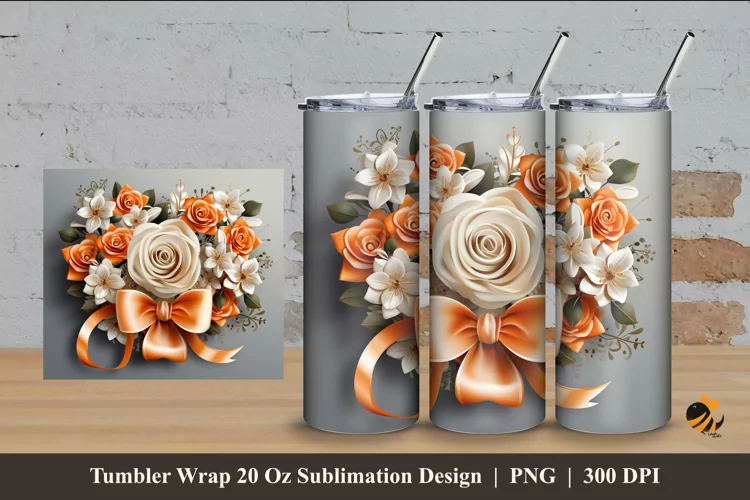 Ribbon Peach Rose Tumbler Wrap Sublimation Design 4