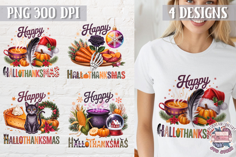 HalloThanksMas Sublimation T Shirt Design PNG 4 designs