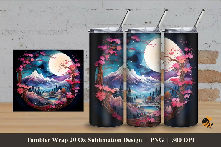 Circular Snowy Mountain Tumbler Wrap Sublimation Design 4