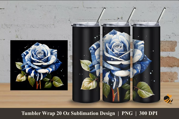 Blue Striped Rose Tumbler Wrap Sublimation Design 4