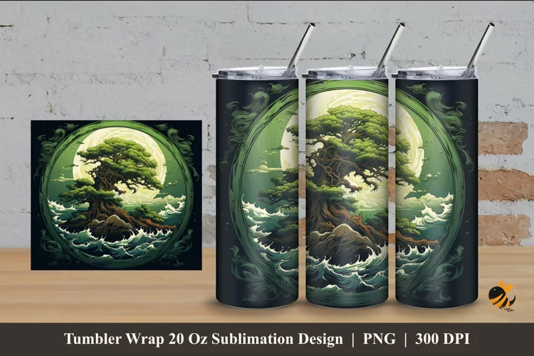 Tree And Wave Tumbler Wrap Sublimation Design 4