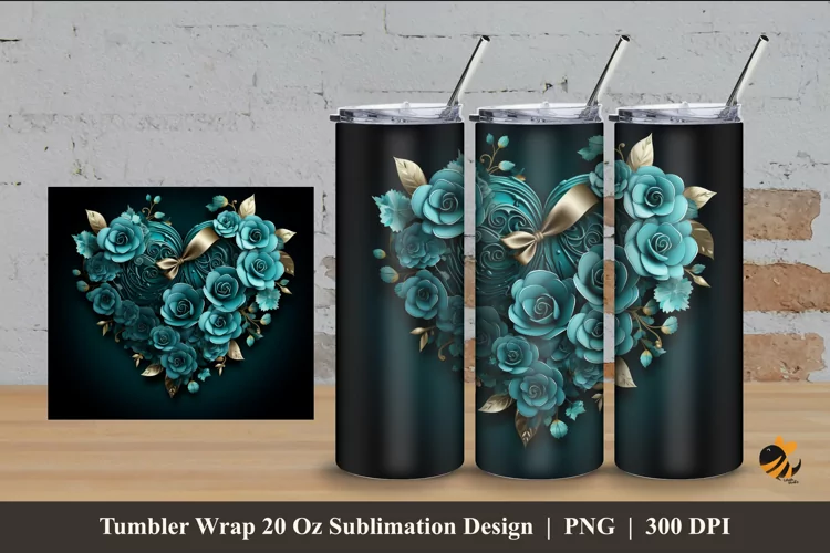 Teal Rose Tumbler Wrap Sublimation Design 4