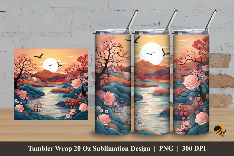 3D Nature River Tumbler Wrap Sublimation Design 4