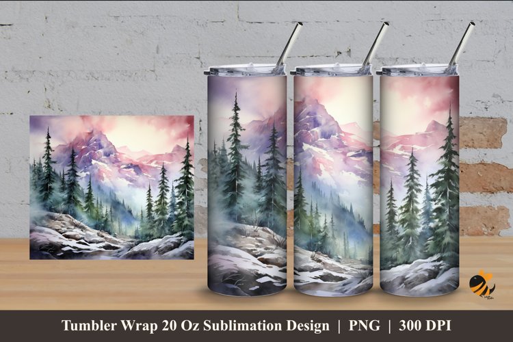 Watercolor Mountain Forest Tumbler Wrap Sublimation Design 4 example image 1