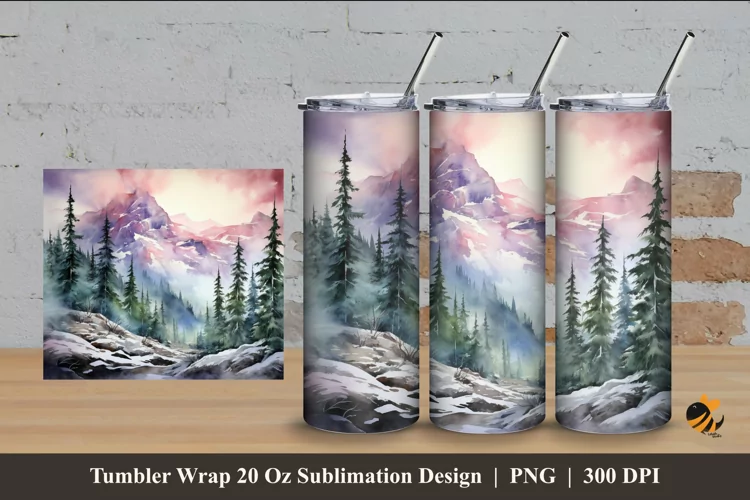 Watercolor Mountain Forest Tumbler Wrap Sublimation Design 4