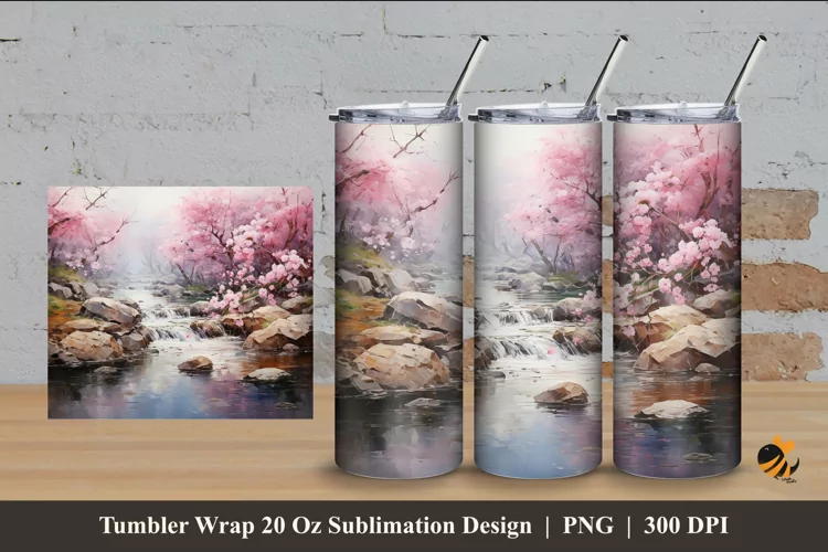Sakura River Tumbler Wrap Sublimation Design 4