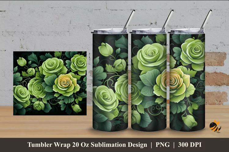 Green Flower Tumbler Wrap Sublimation Design 4