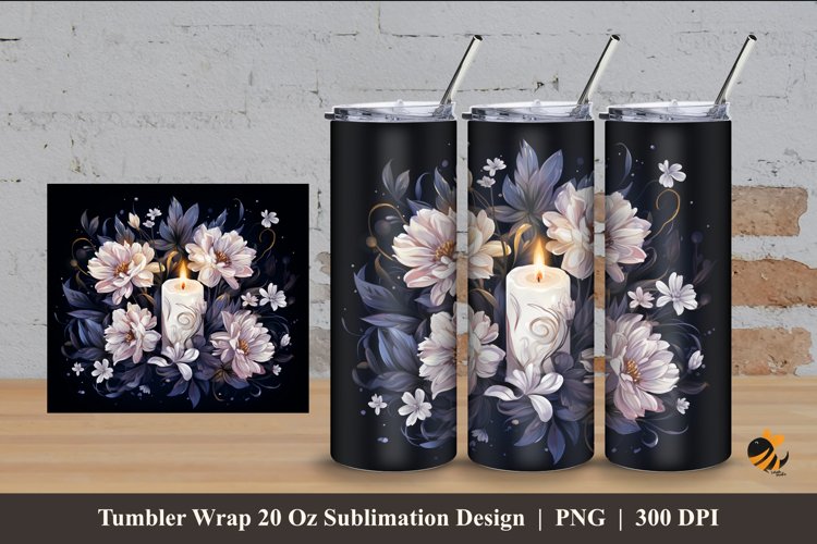 White Flower And Candle Tumbler Wrap Sublimation Design 4 example image 1