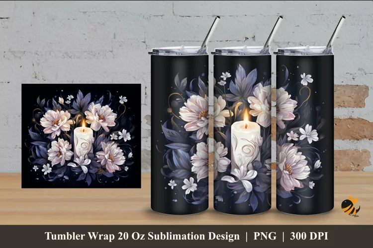 White Flower And Candle Tumbler Wrap Sublimation Design 4