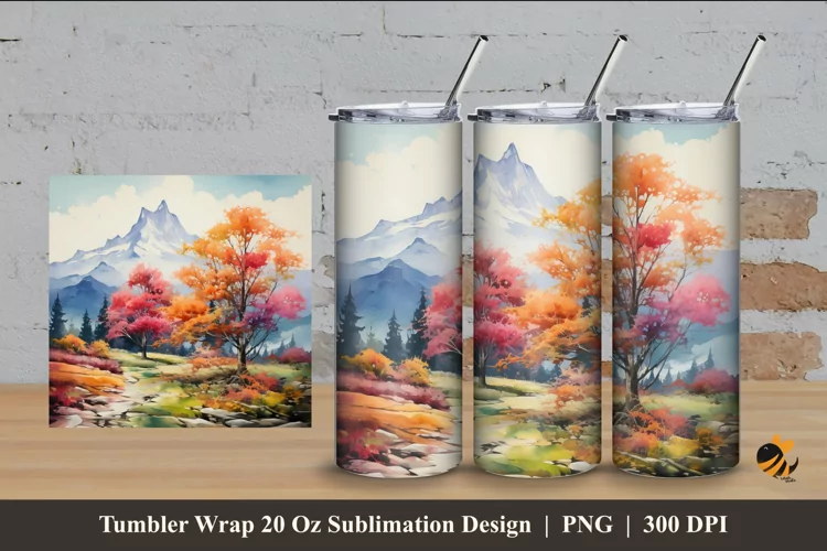 Mountain And Tree Tumbler Wrap Sublimation Design 4