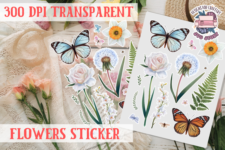 Summer sticker flowers butterfly Spring Botanical PNG