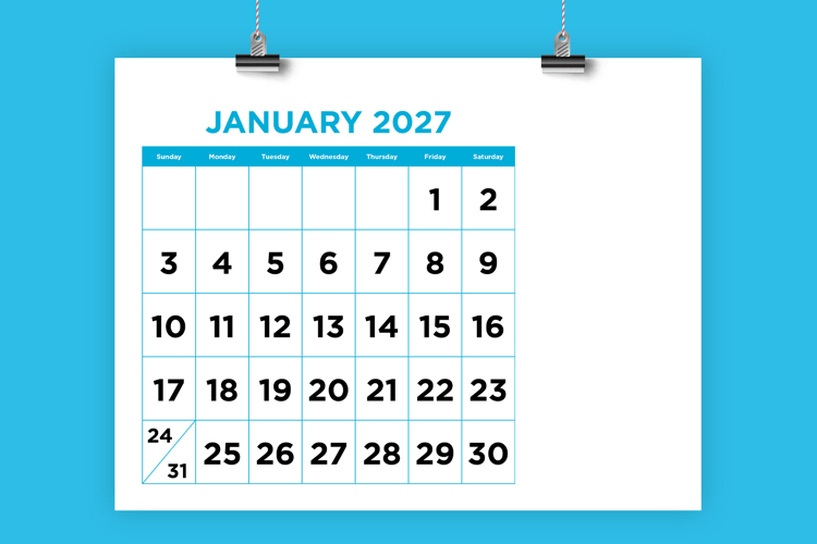 2027 Large Number Bold Color 8.5 x 11 Inch Calendar Template