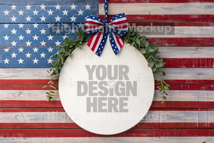 4th of July Round Wood Sign Mockup - Door Wood Sign