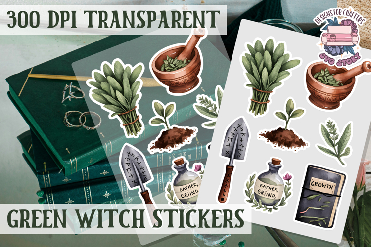Green Witch sticker sheet Magic Scrapbook PNG Herbs Spells