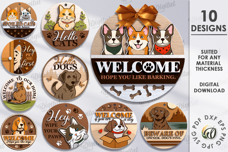 Pets Round Signs Bundle Laser Cut. Door Hanger SVG