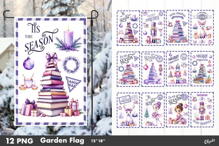 Watercolor Lilac Christmas Garden Flag Sublimation Bundle