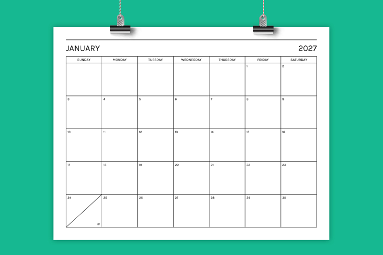 2027 Basic Modern 8.5 x 11 Inch Calendar Template