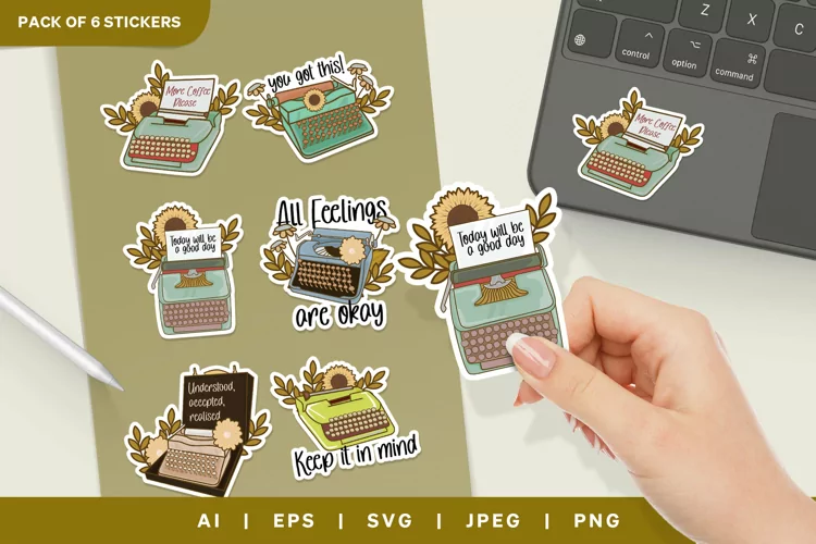 Floral Typewriter with Positive Quotes Vintage Sticker Set
