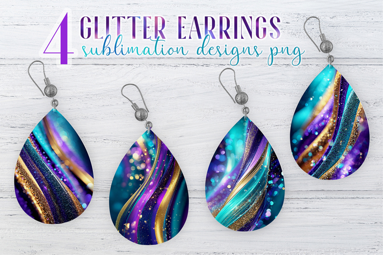 Glitter Earrings Sublimation. Teal Golden Stripes Teardrop