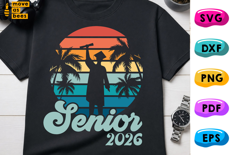 Senior 2026 SVG, PNG, Retro Sunset, Graduate Silhouette