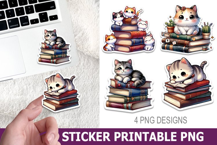 Cute Cat on Book Sticker Printable | High Quality 300 Dpi example image 1