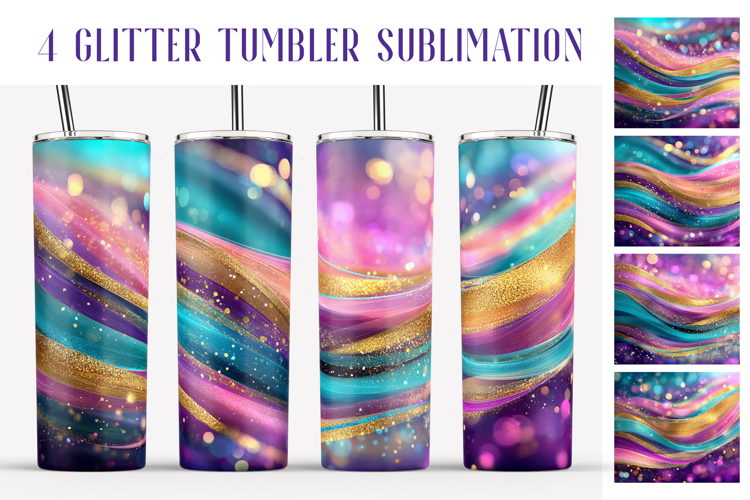 Glitter Tumbler Sublimation. Pink Blue Gold Waves Tumbler