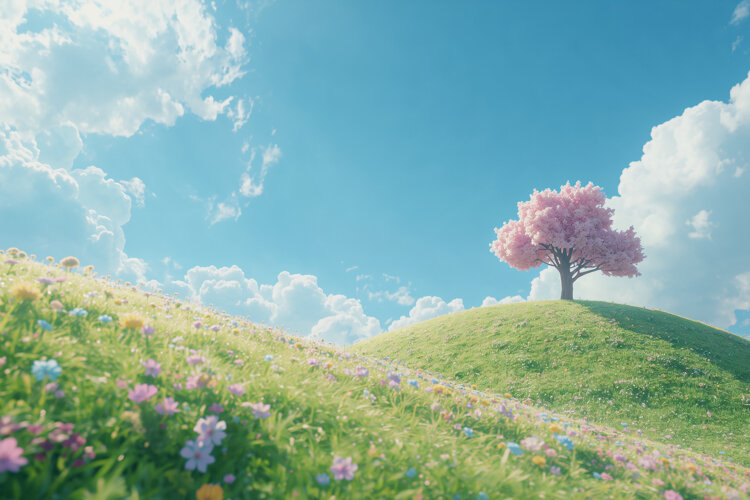 Green Grassy Hill with Blossom Tree Background example image 1