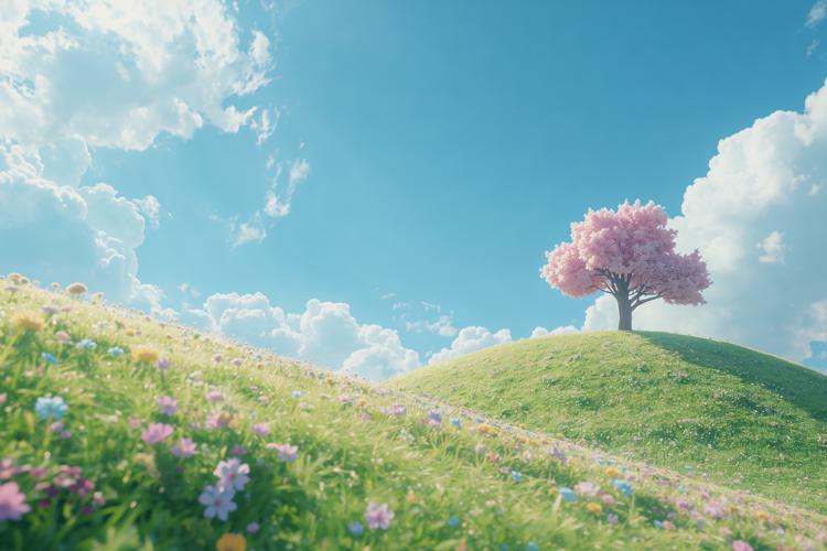 Green Grassy Hill with Blossom Tree Background