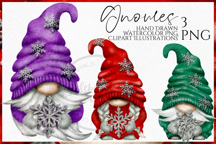 Silver Snowflake Christmas Gnomes | Watercolor Clipart Png