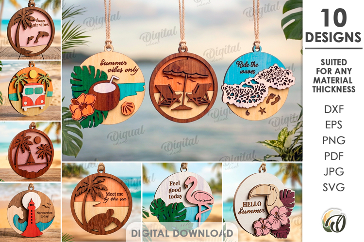 Summer Ornaments Bundle Laser Cut. Hanging Ornament SVG