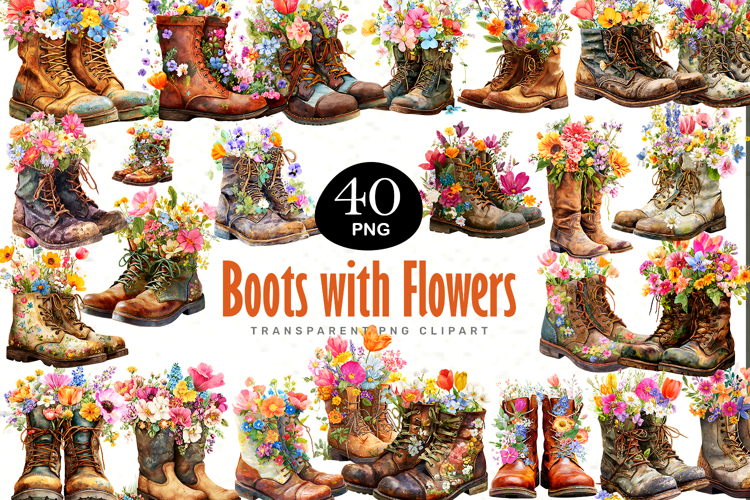 Boots with Flowers Clipart Bundle 40 PNG Transparent BG